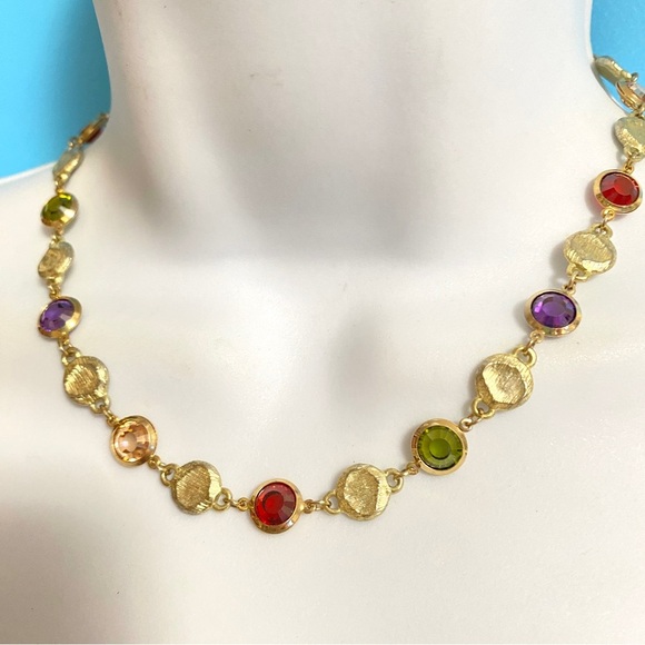Gold Tone Multi Colored Faceted Glass Bezeled Necklace - Picture 4 of 7